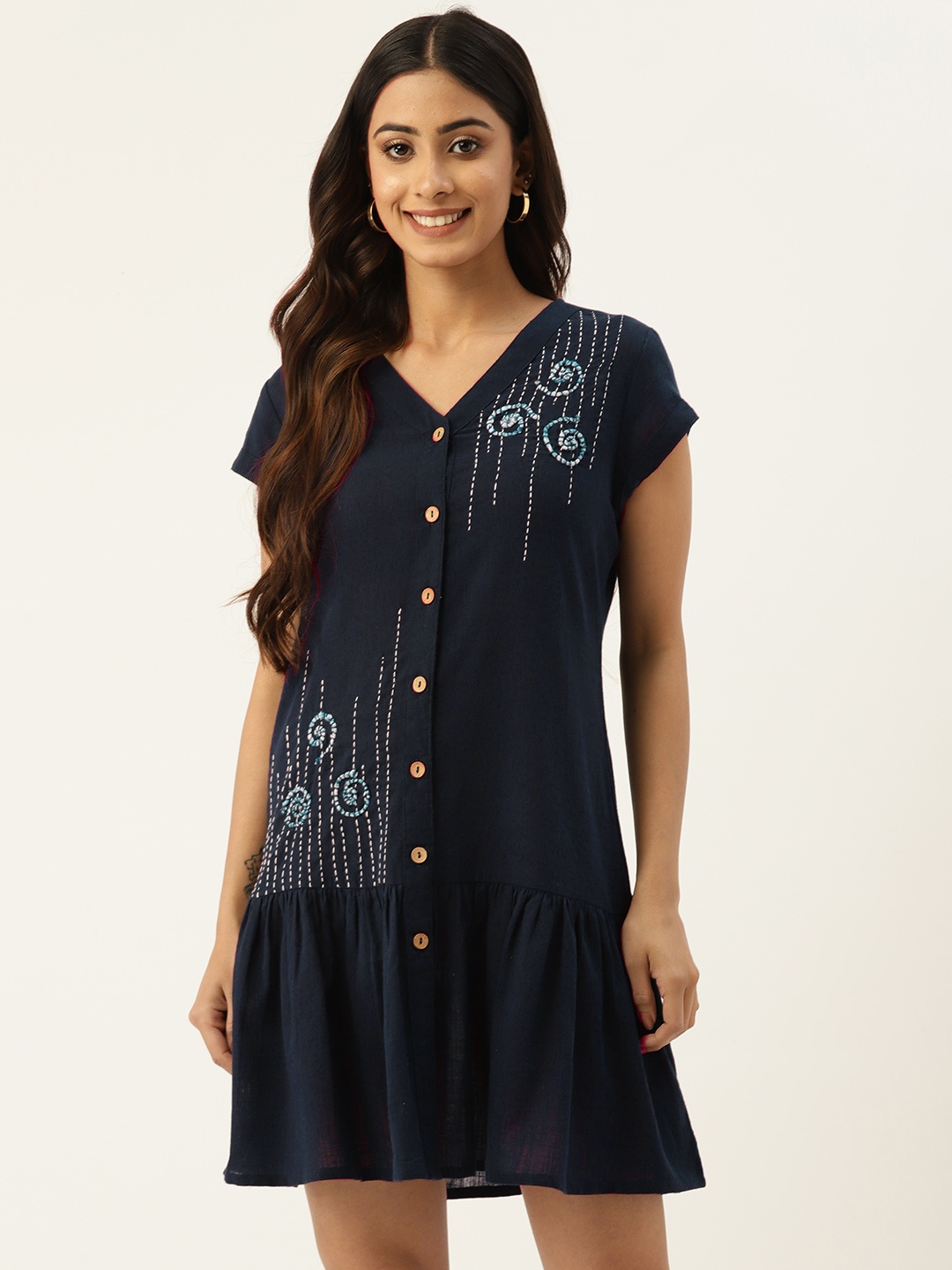 

RangDeep Floral Embroidered Cap Sleeves Tiered Ethnic Dress, Navy blue