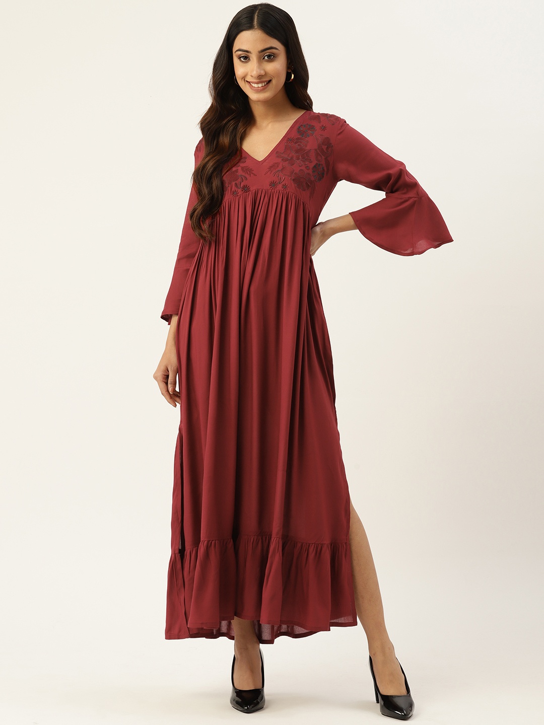 

RangDeep Floral Embroidered Bell Sleeves Tiered Dress With Slit Detail, Maroon