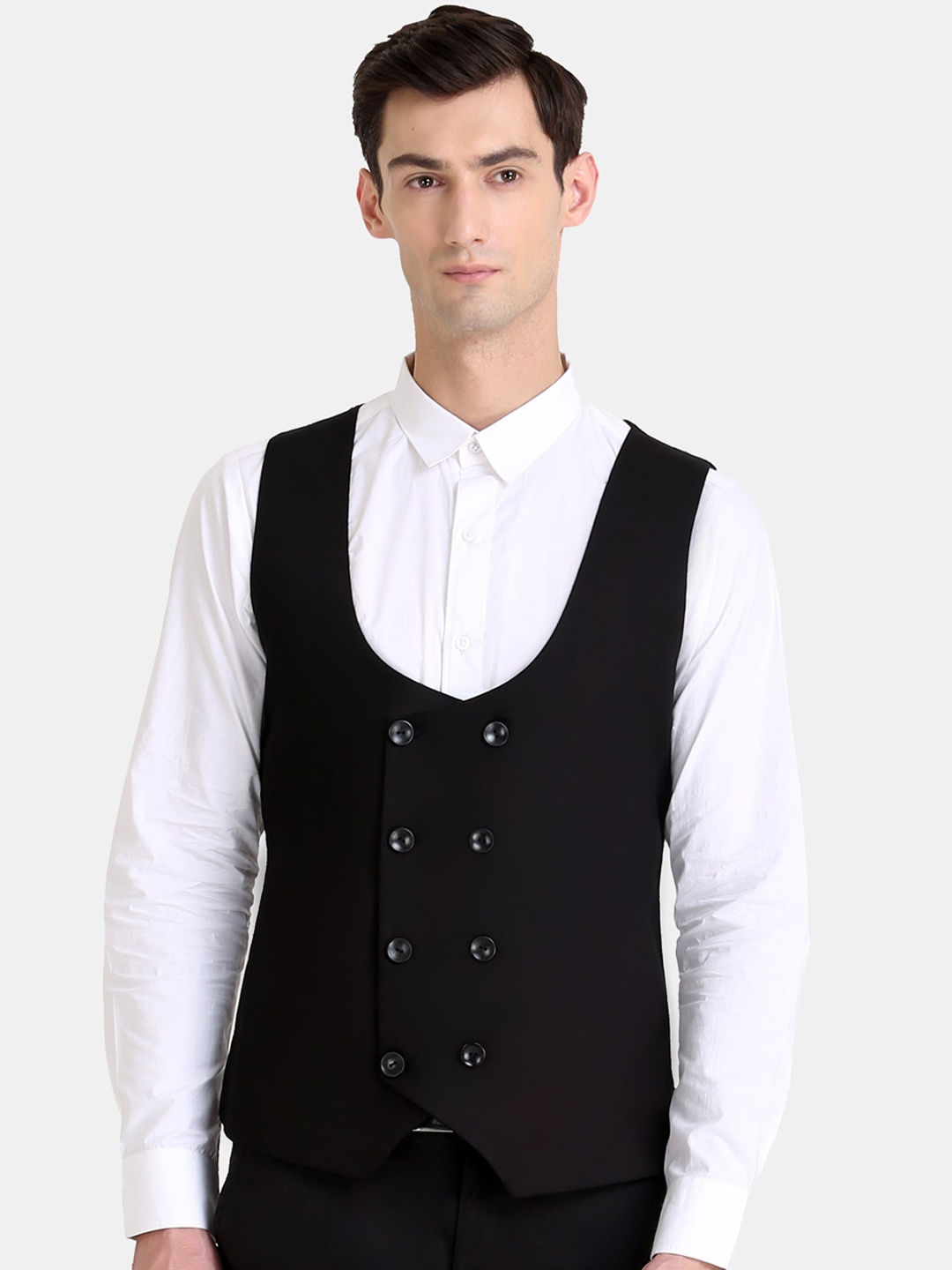 

Raas Men Black Solid Slim-Fit Double Breasted Waistcoat