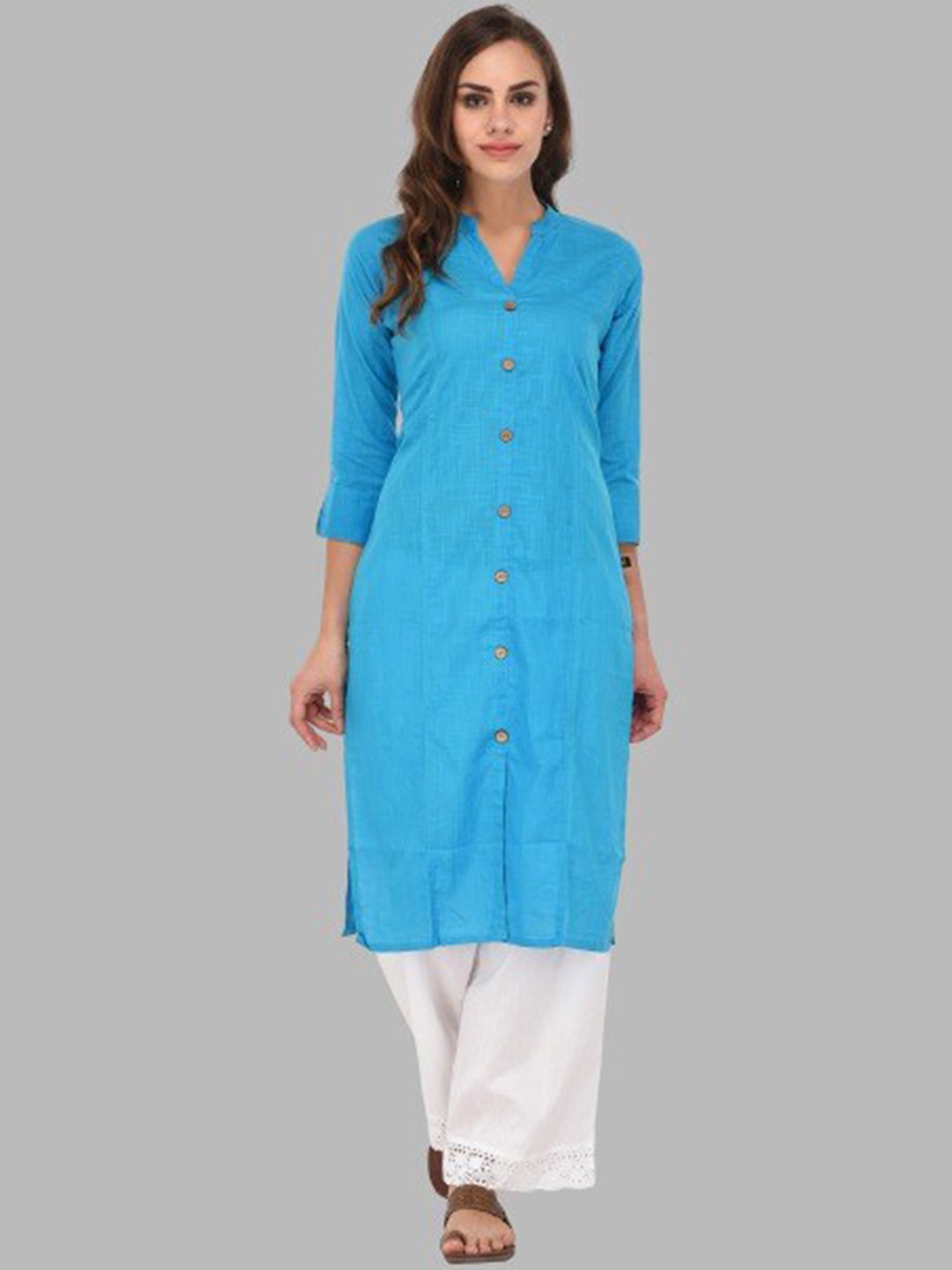 

Pistaa Mandarin Collar Regular A-Line Cotton Kurta, Turquoise blue