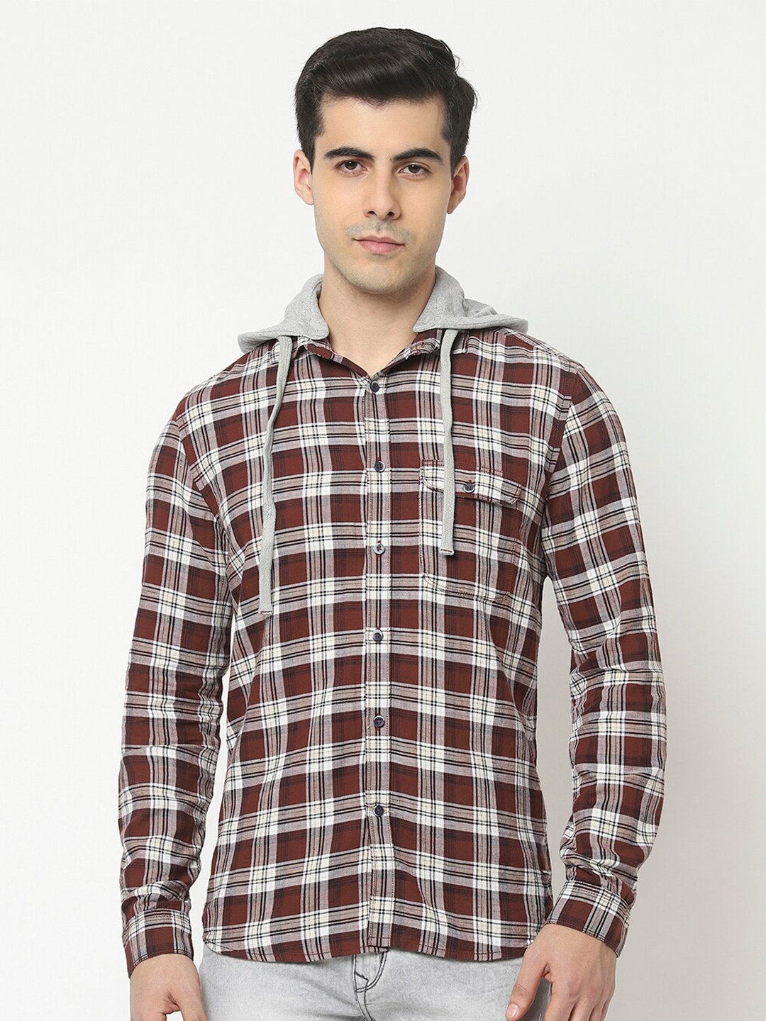 

Crimsoune Club Men Brown Slim Fit Tartan Checked Cotton Casual Shirt
