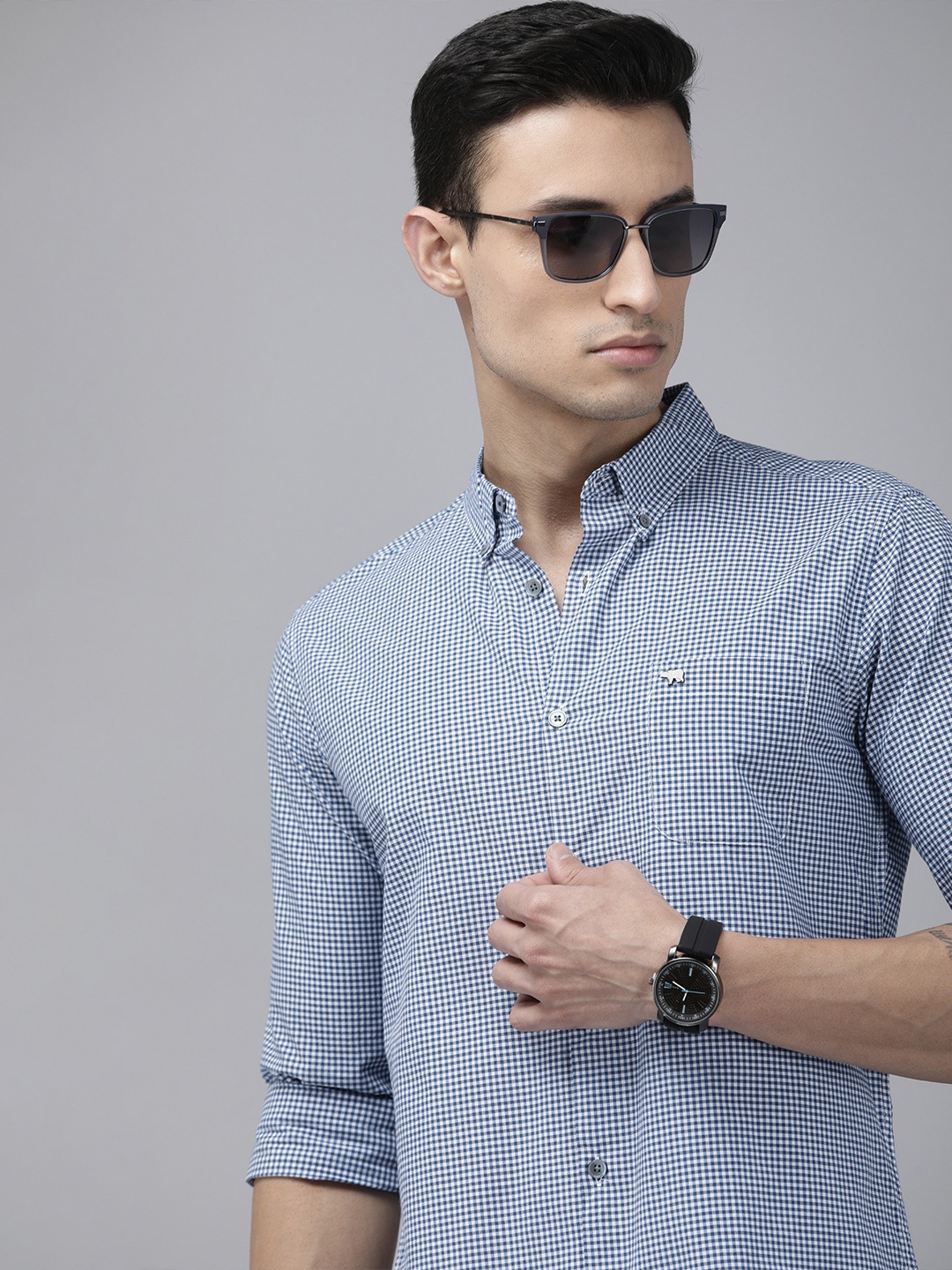 

THE BEAR HOUSE Men Blue Pure Cotton Slim Fit Micro Checked Casual Shirt