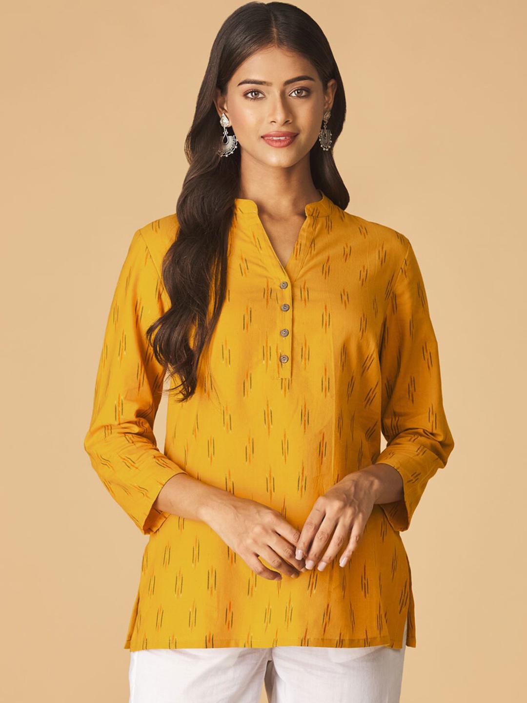 

Fabindia Women Yellow Woven Design Cotton Kurti