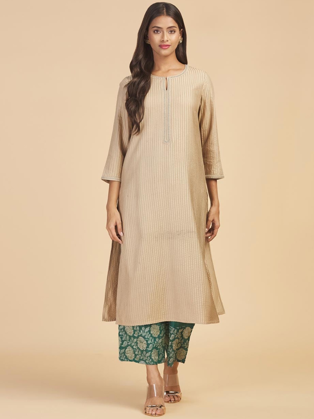 

Fabindia Striped Keyhole Neck Ankle Length Kurta, Beige