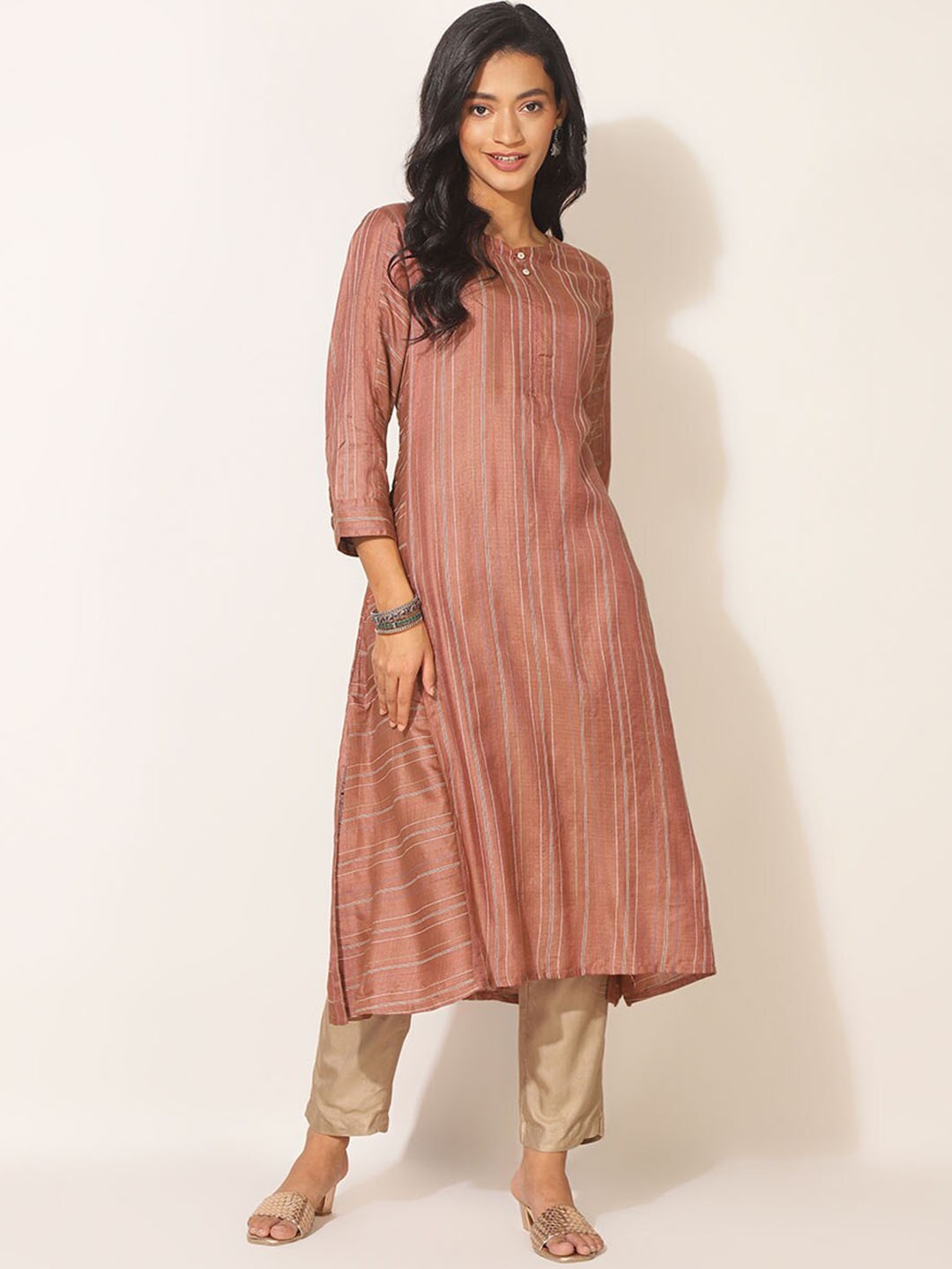 

Fabindia A-Line Striped Regular Kurta, Peach