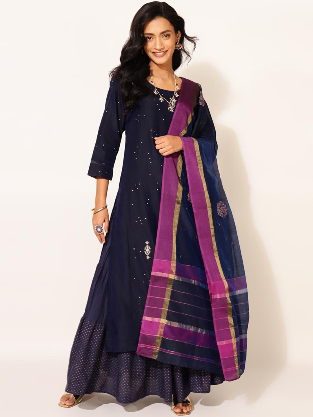 

Fabindia Ethnic Motifs Embroidered Kurta With Dupatta, Navy blue