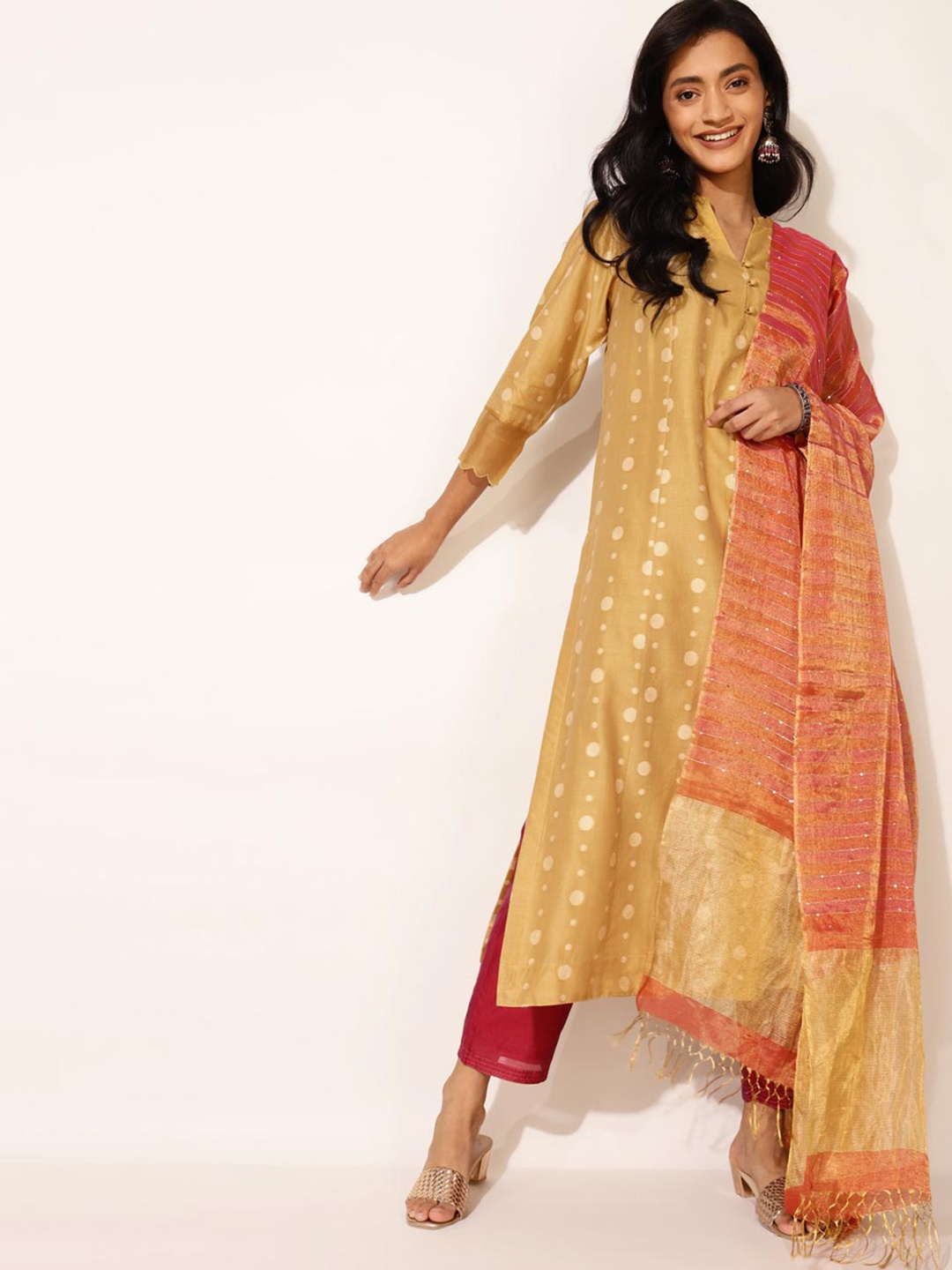 Fabindia Women Yellow Geometric Embellished Keyhole Neck Flared Sleeves Kurta