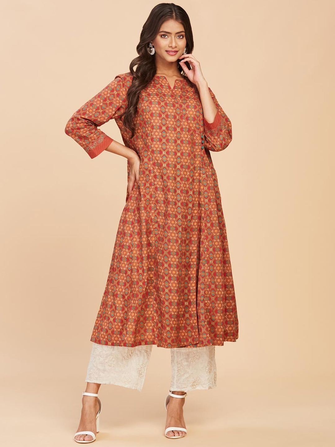 

Fabindia Floral Printed Cotton Kurta, Rust