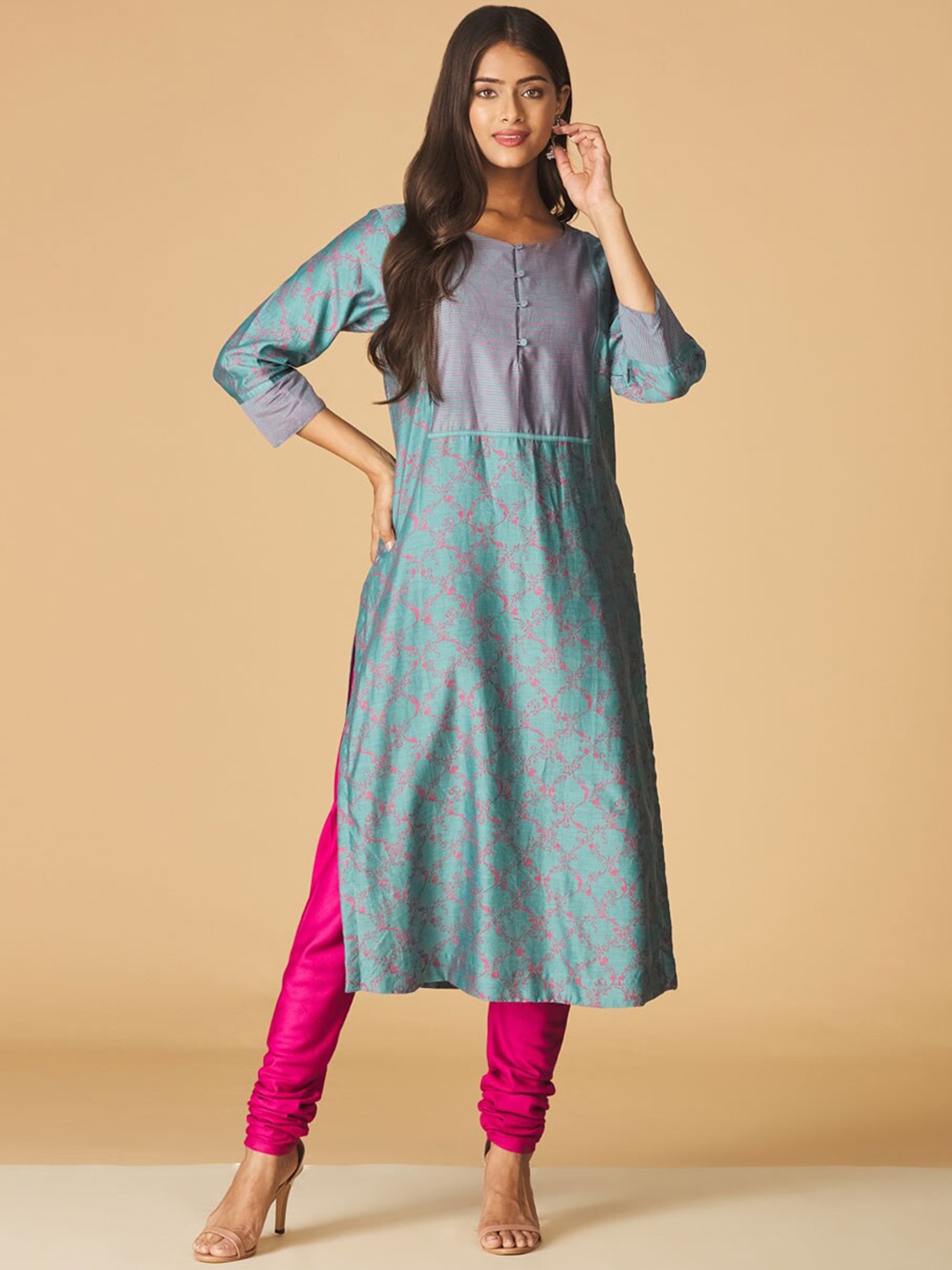 

Fabindia Ethnic Motifs Printed Kurta, Turquoise blue