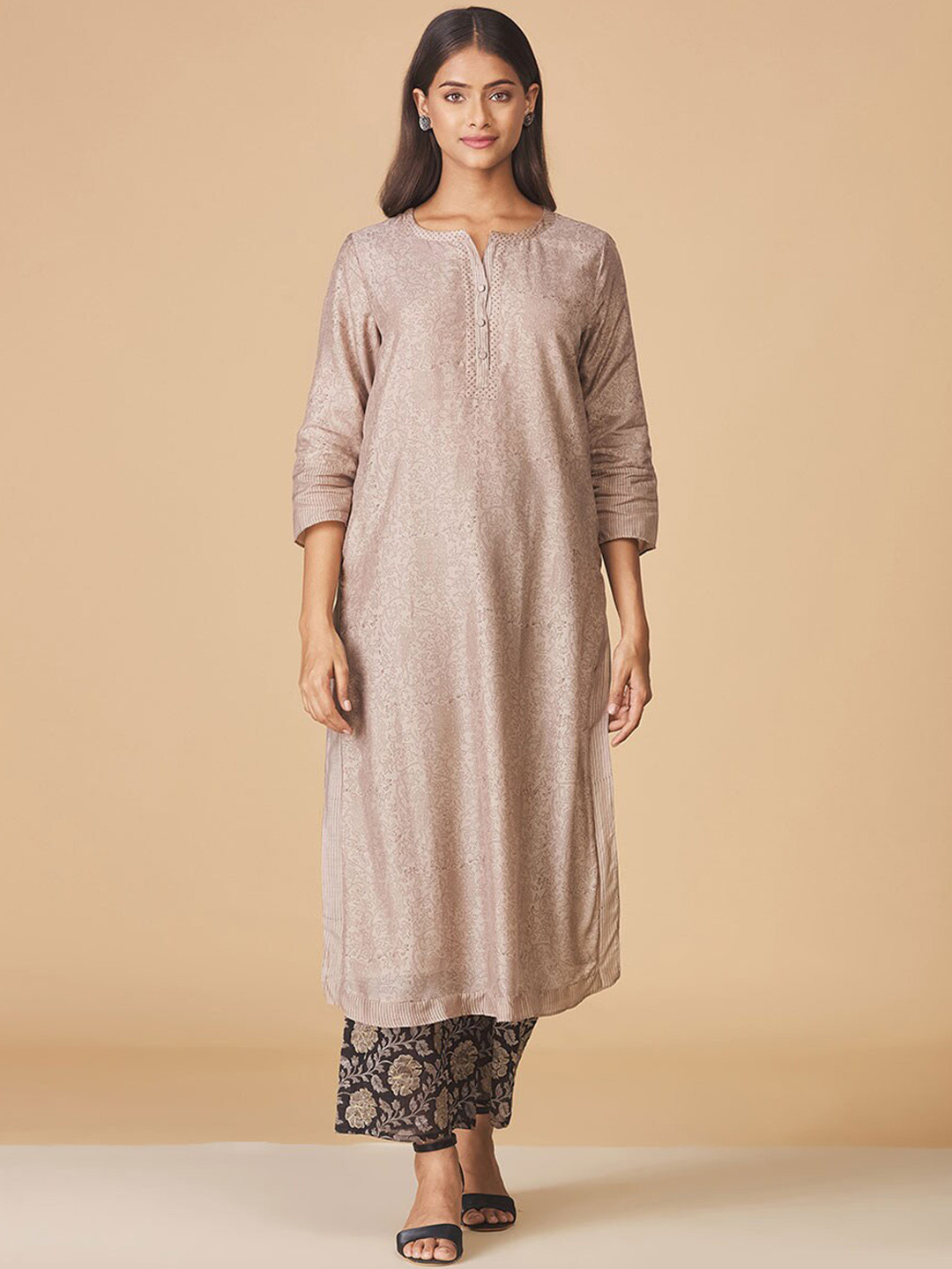 

Fabindia Floral V-Neck A-Line Calf Length Kurta, Beige
