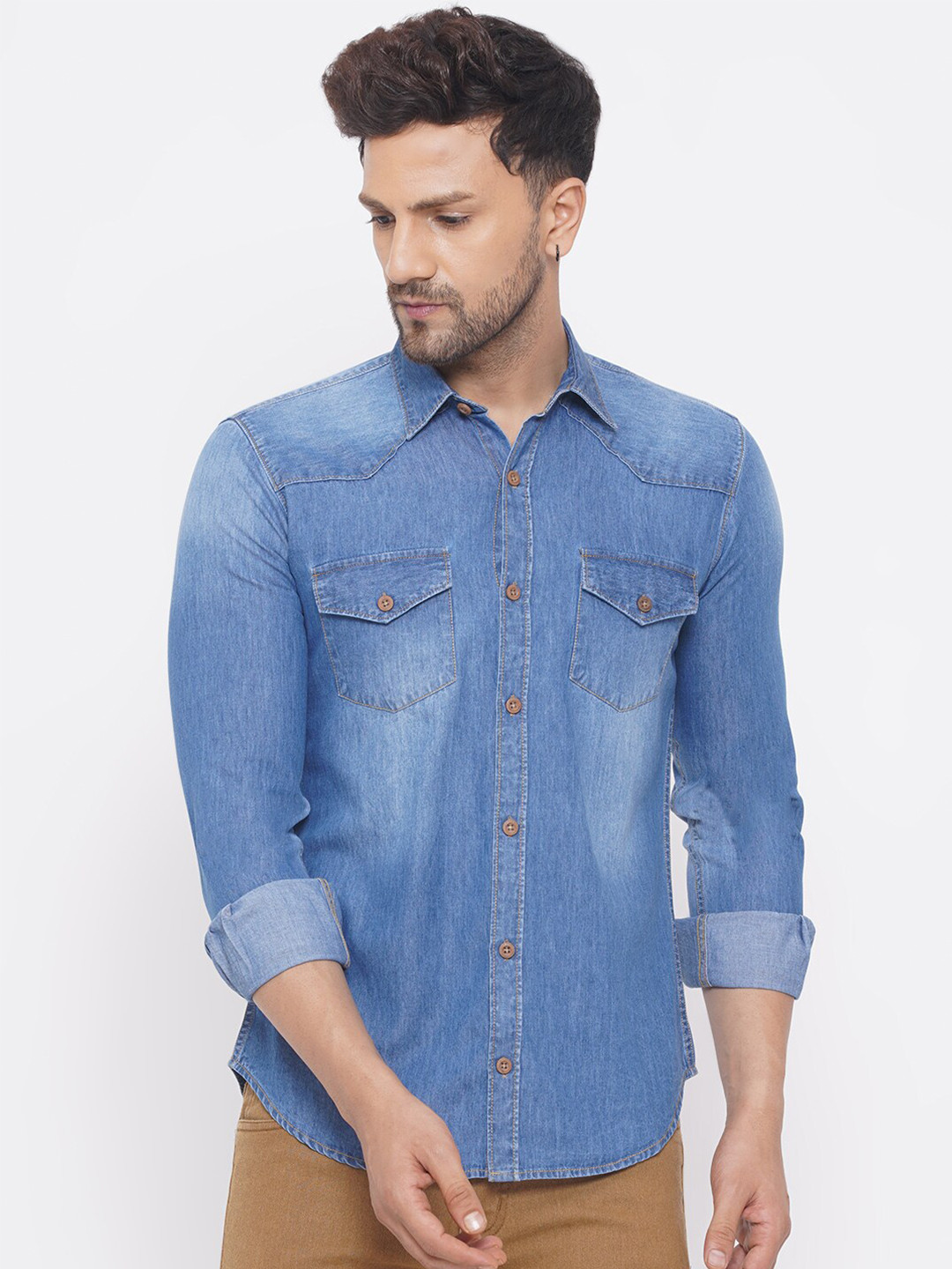 

John Pride Spread Collar Faded Casual Shirt, Blue