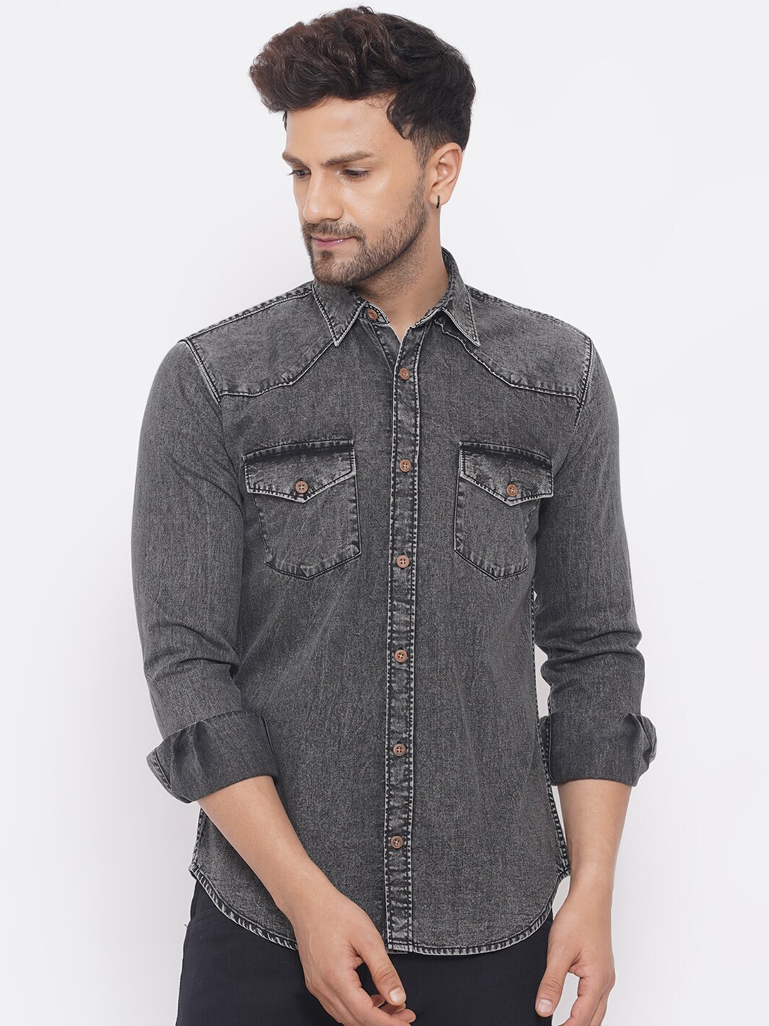 

John Pride Men Charcoal Casual Denim Shirt