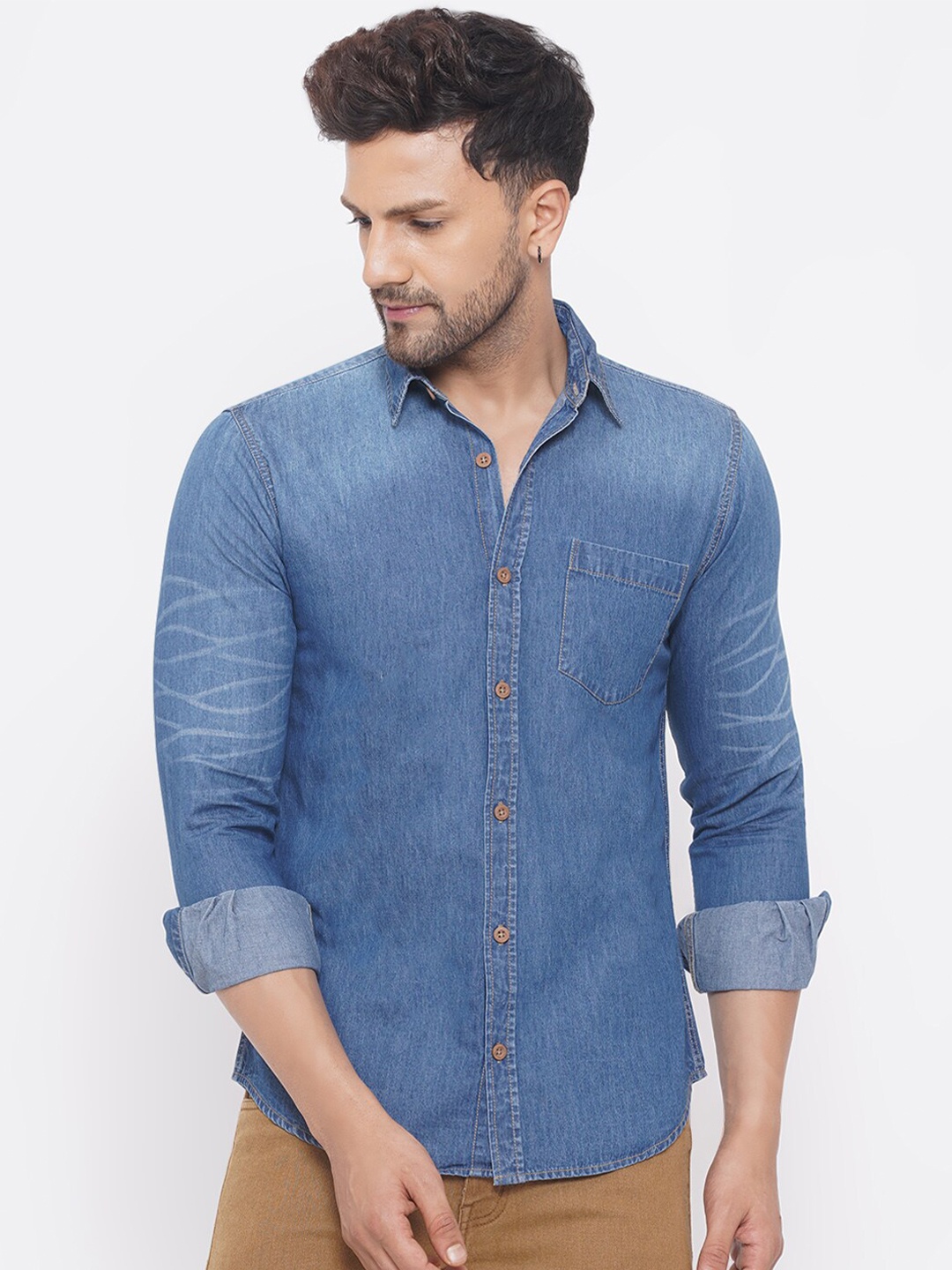 

John Pride Men Blue Faded Faded Casual Denim Shirt