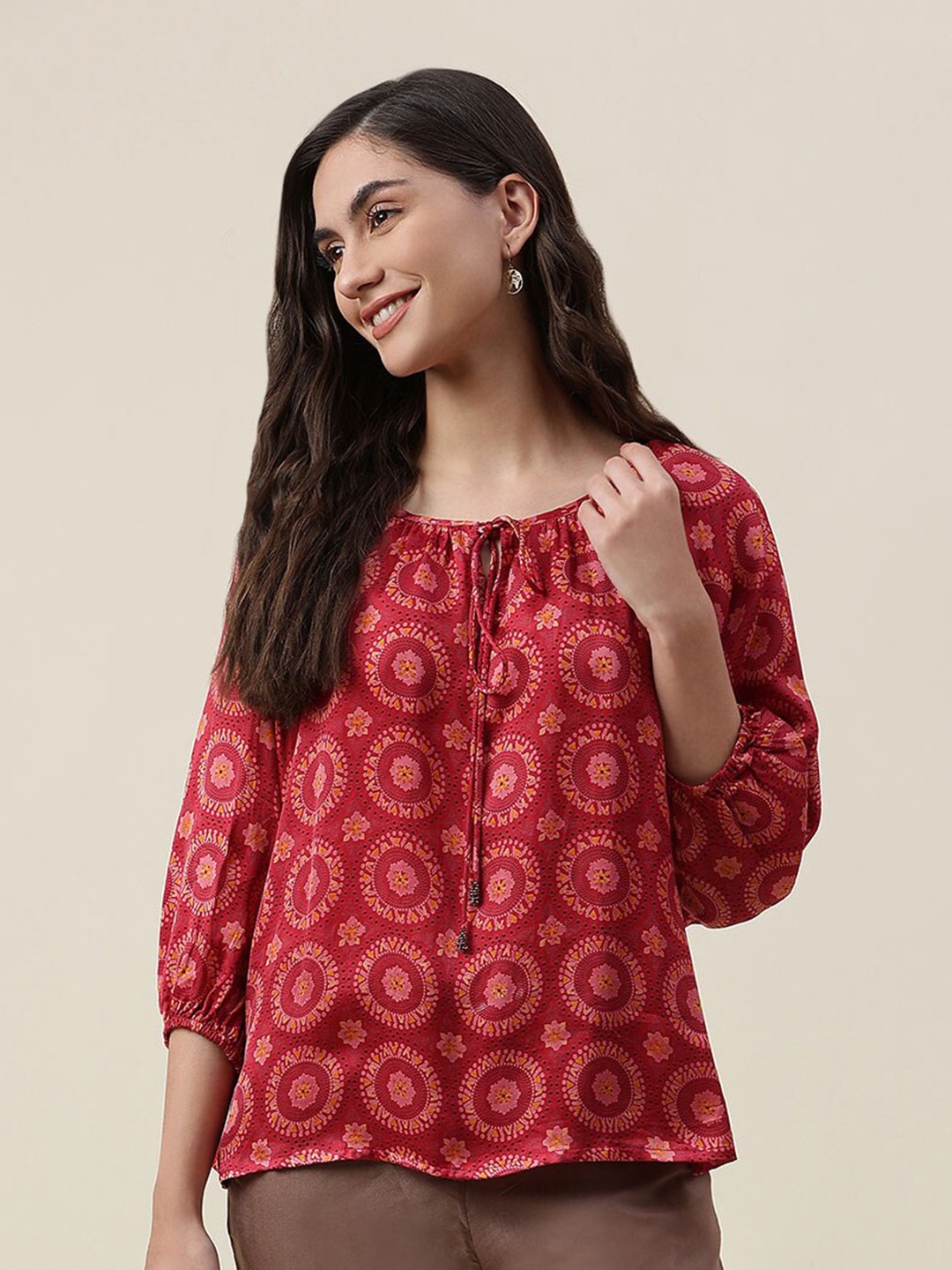 

Fabindia Red Floral Print Tie-Up Neck Top