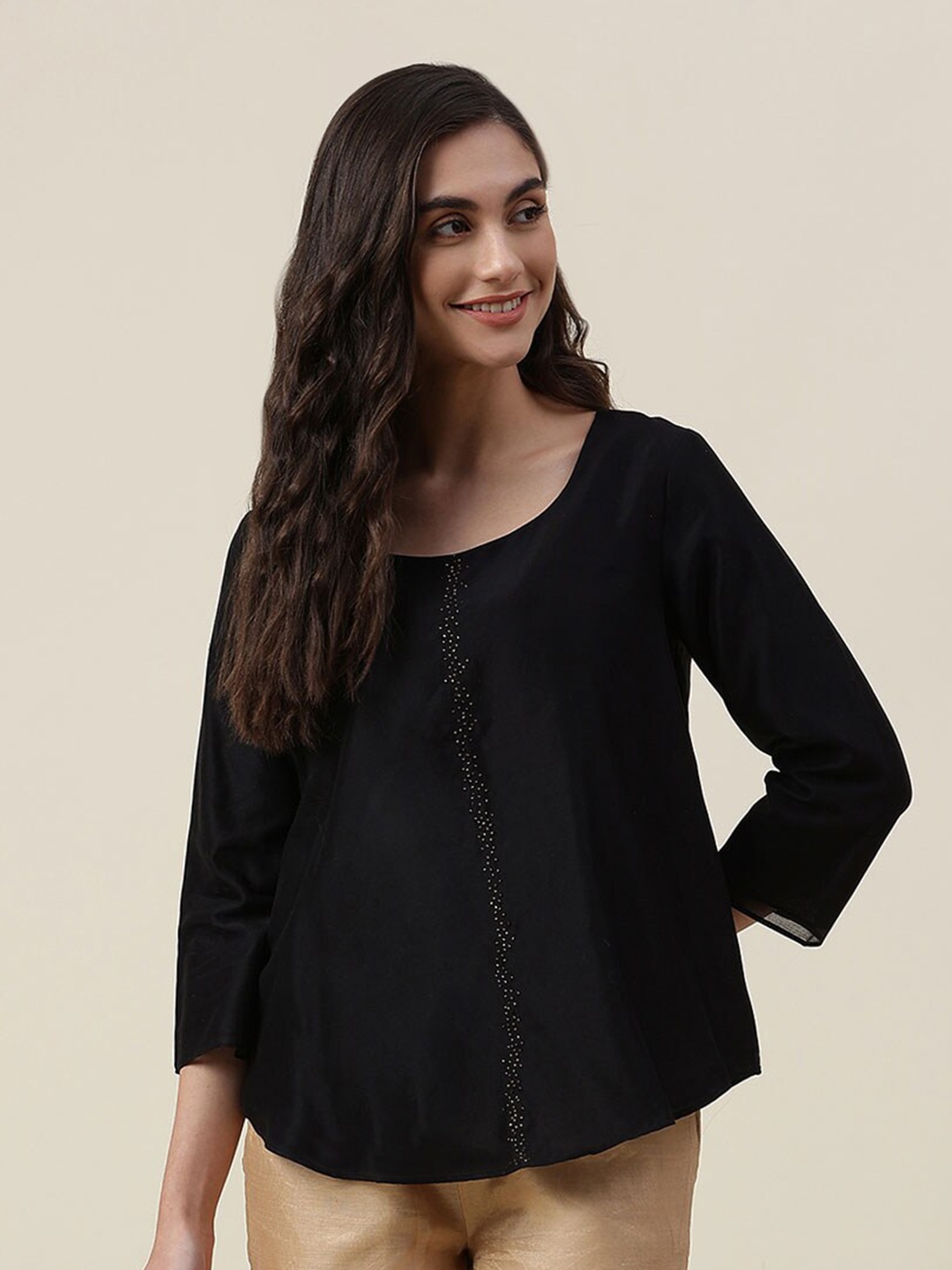 

Fabindia Women Black Solid Cotton Silk Top
