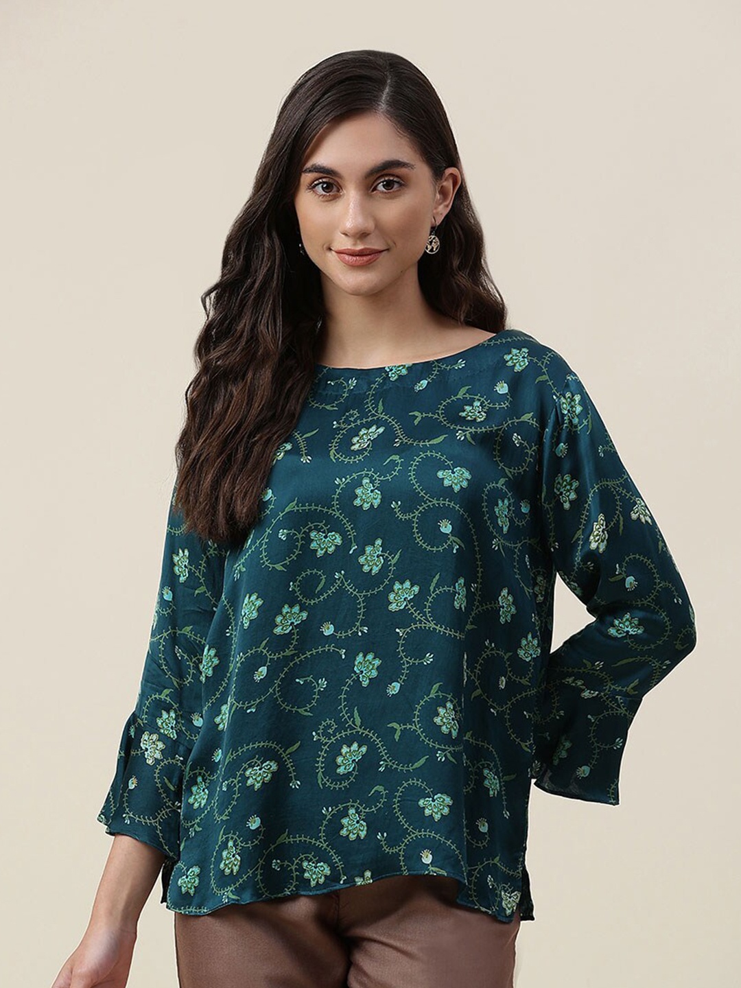 

Fabindia Teal Floral Print Top