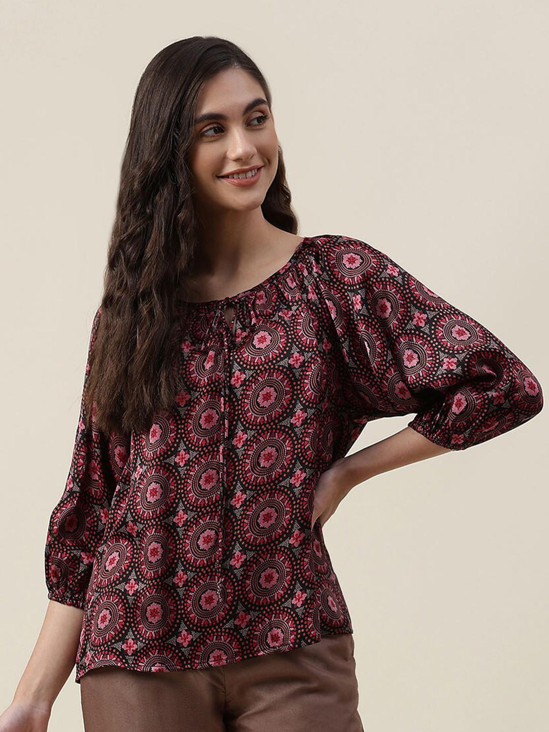 

Fabindia Black Print Tie-Up Neck Top