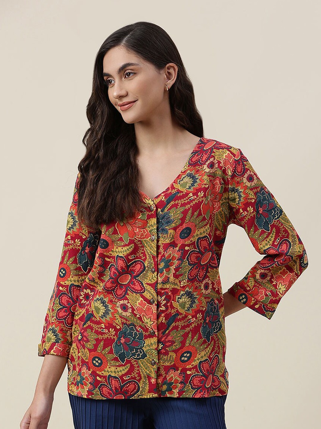 

Fabindia Red Floral Print Pure Cotton Top