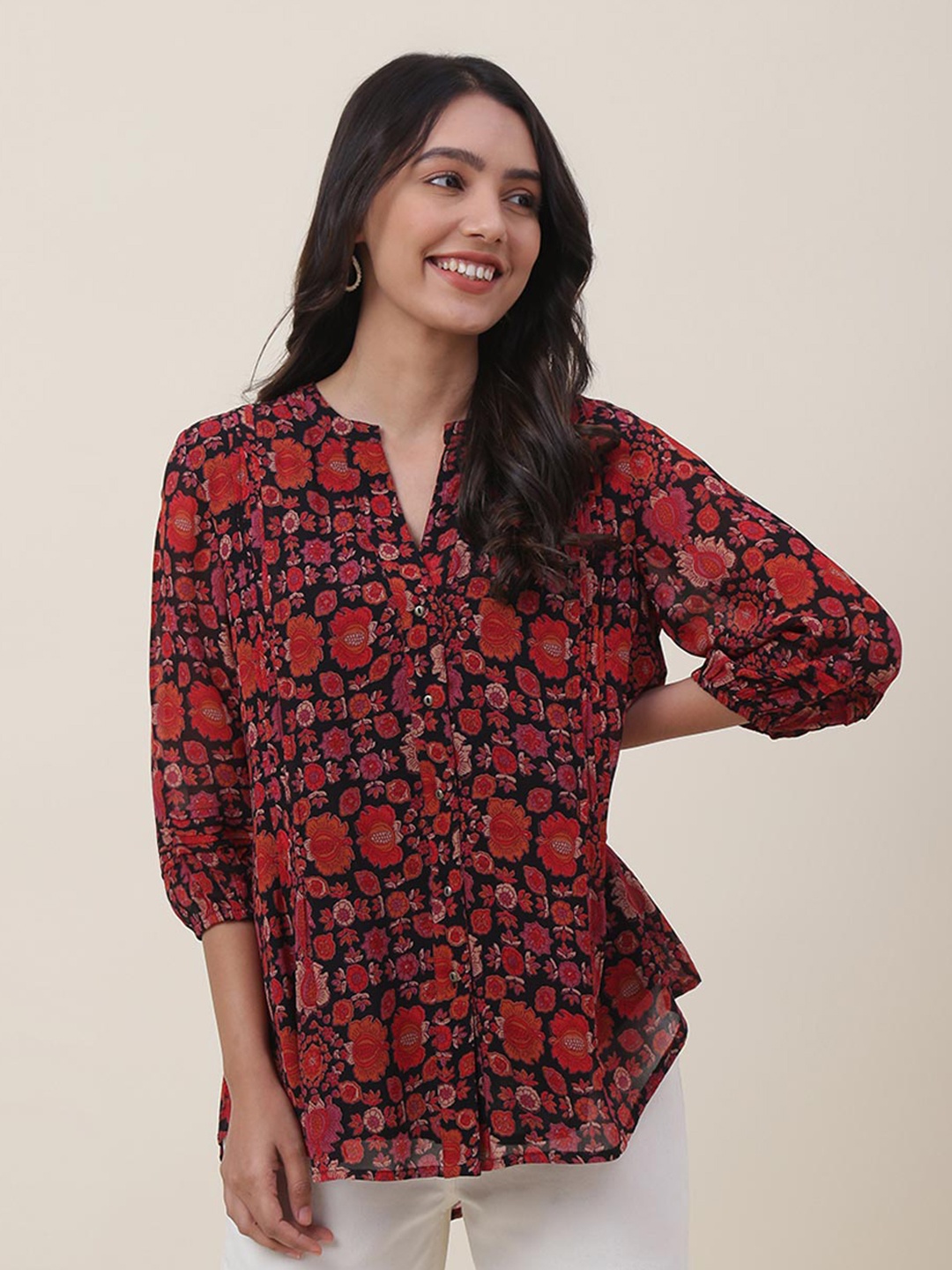 

Fabindia Black Floral Print Shirt Style Top