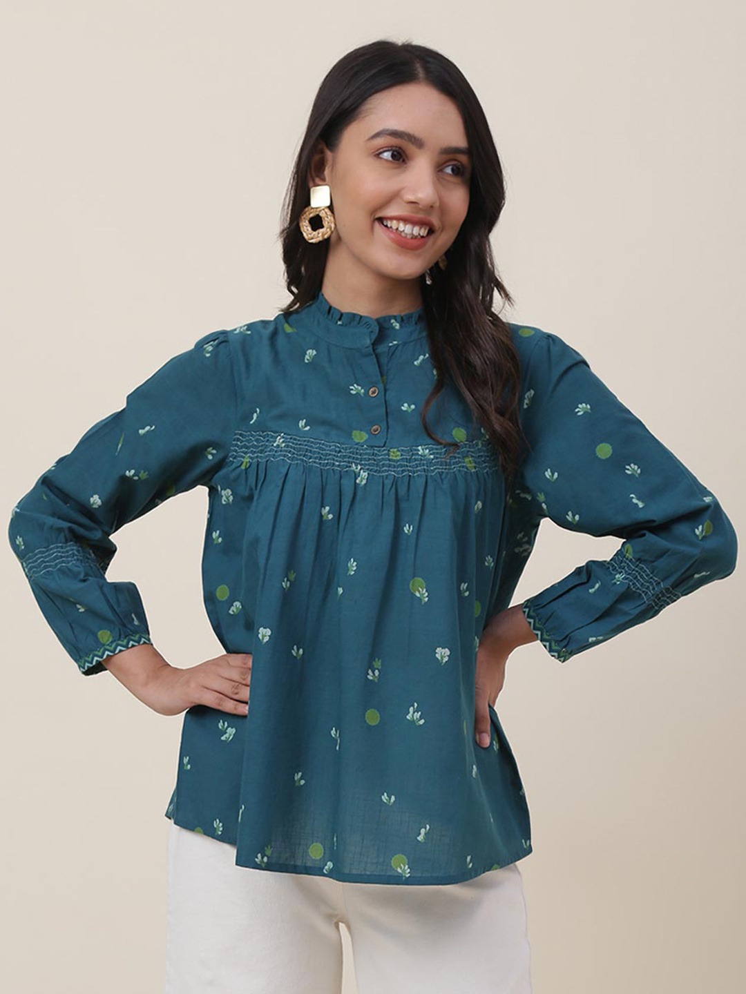 

Fabindia Teal Floral Print Mandarin Collar Pure Cotton Top