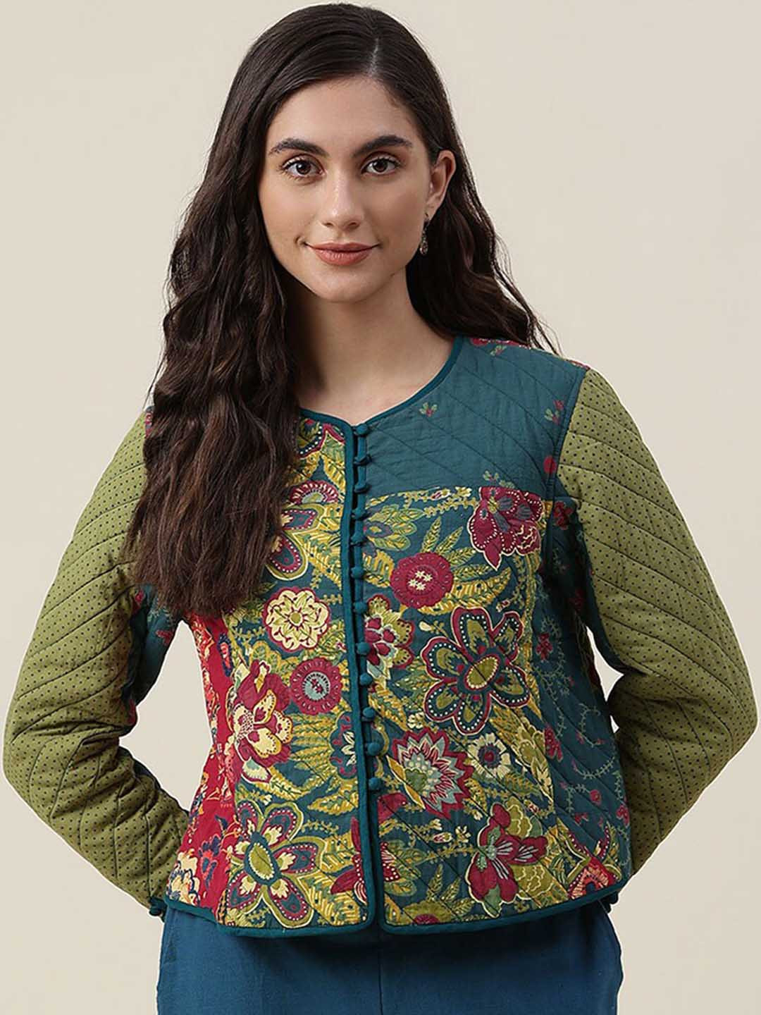 

Fabindia Women Green Floral Tailored Cotton Jacket