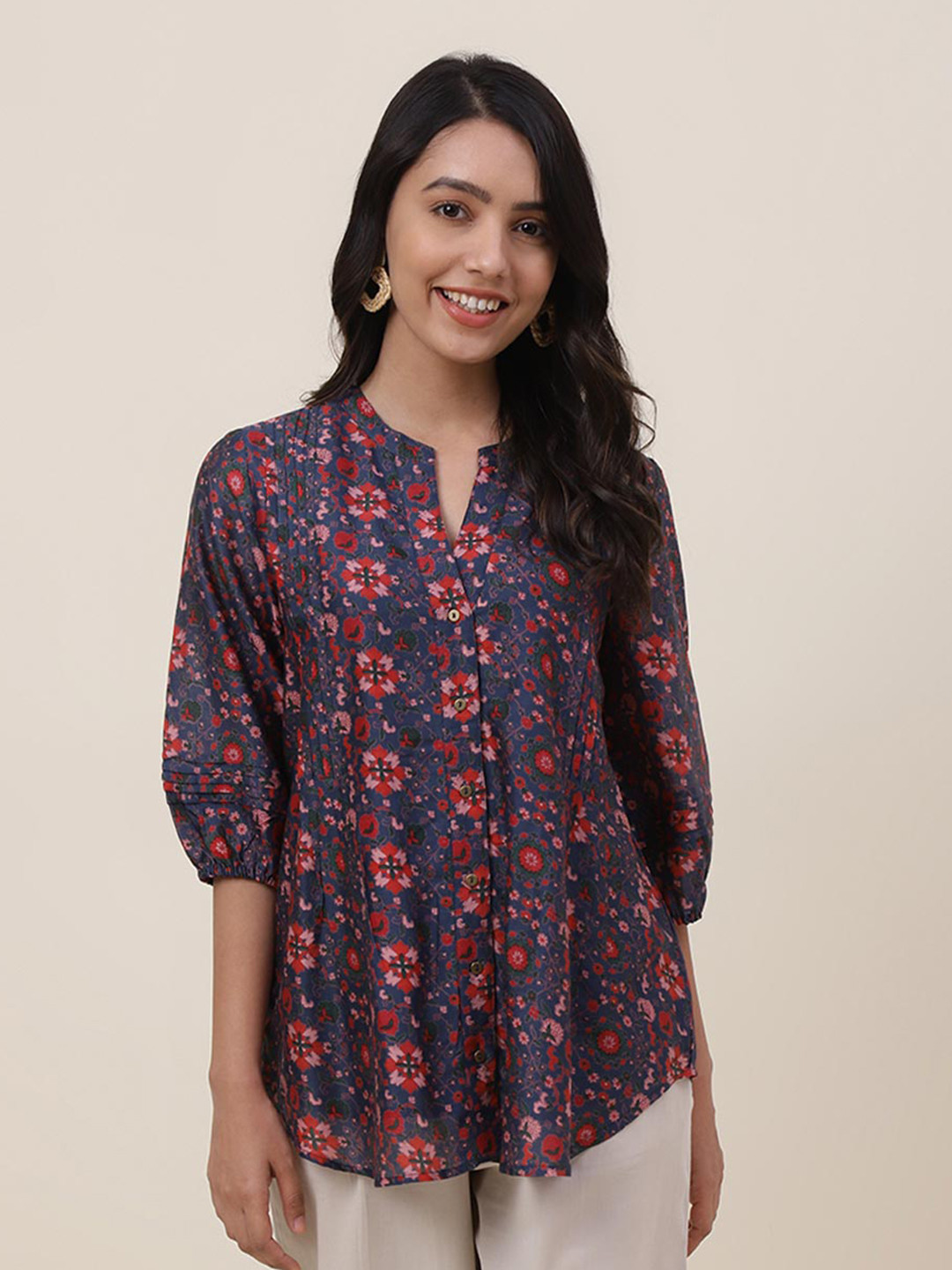 

Fabindia Navy Blue Floral Print Mandarin Collar Shirt Style Top