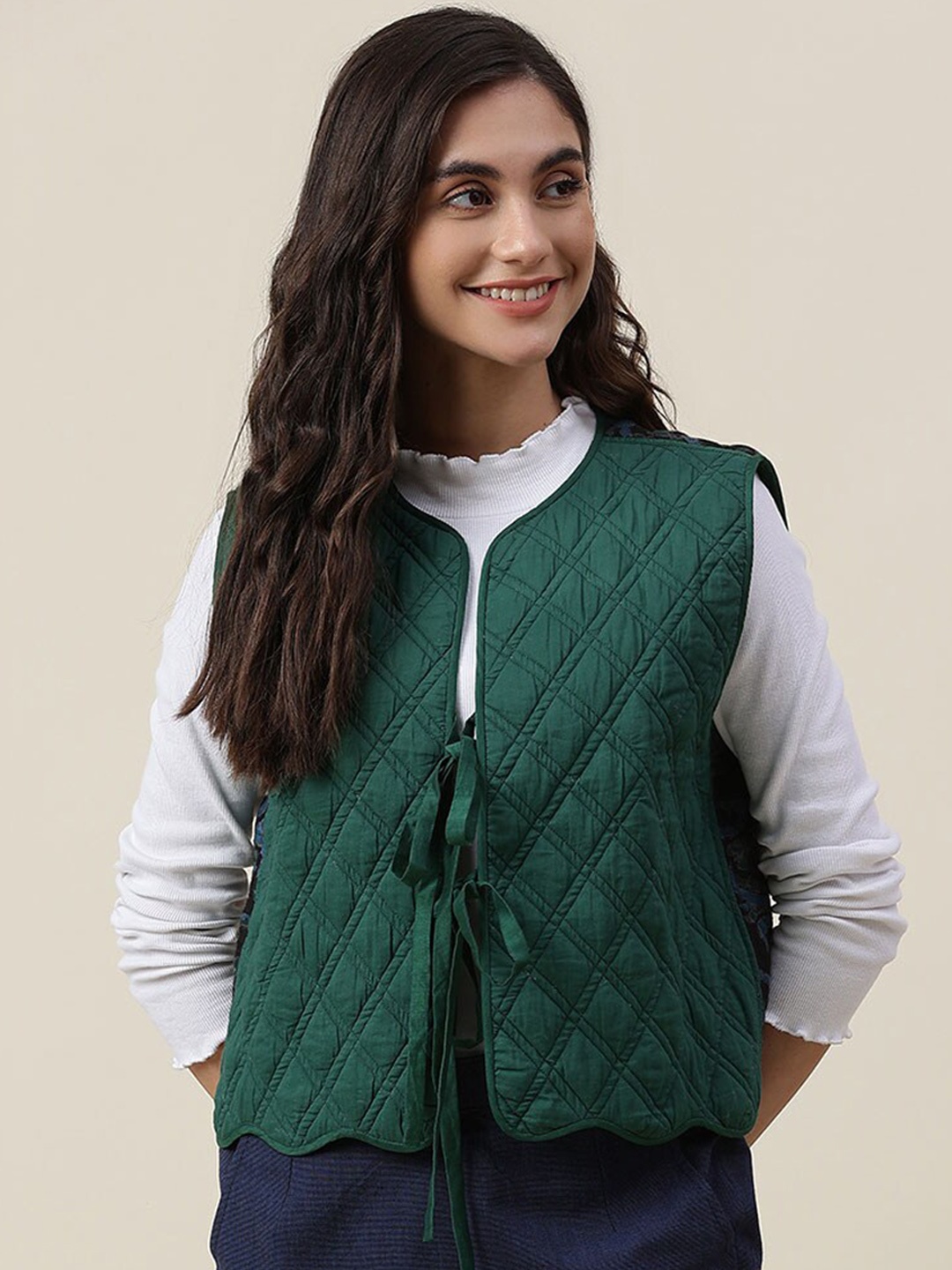 Fabindia Women Green Crop Quilted Jacket