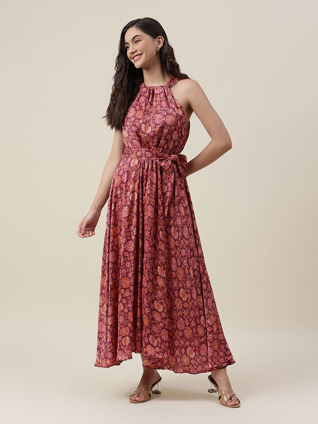 

Fabindia Pink Floral Halter Neck Maxi Dress