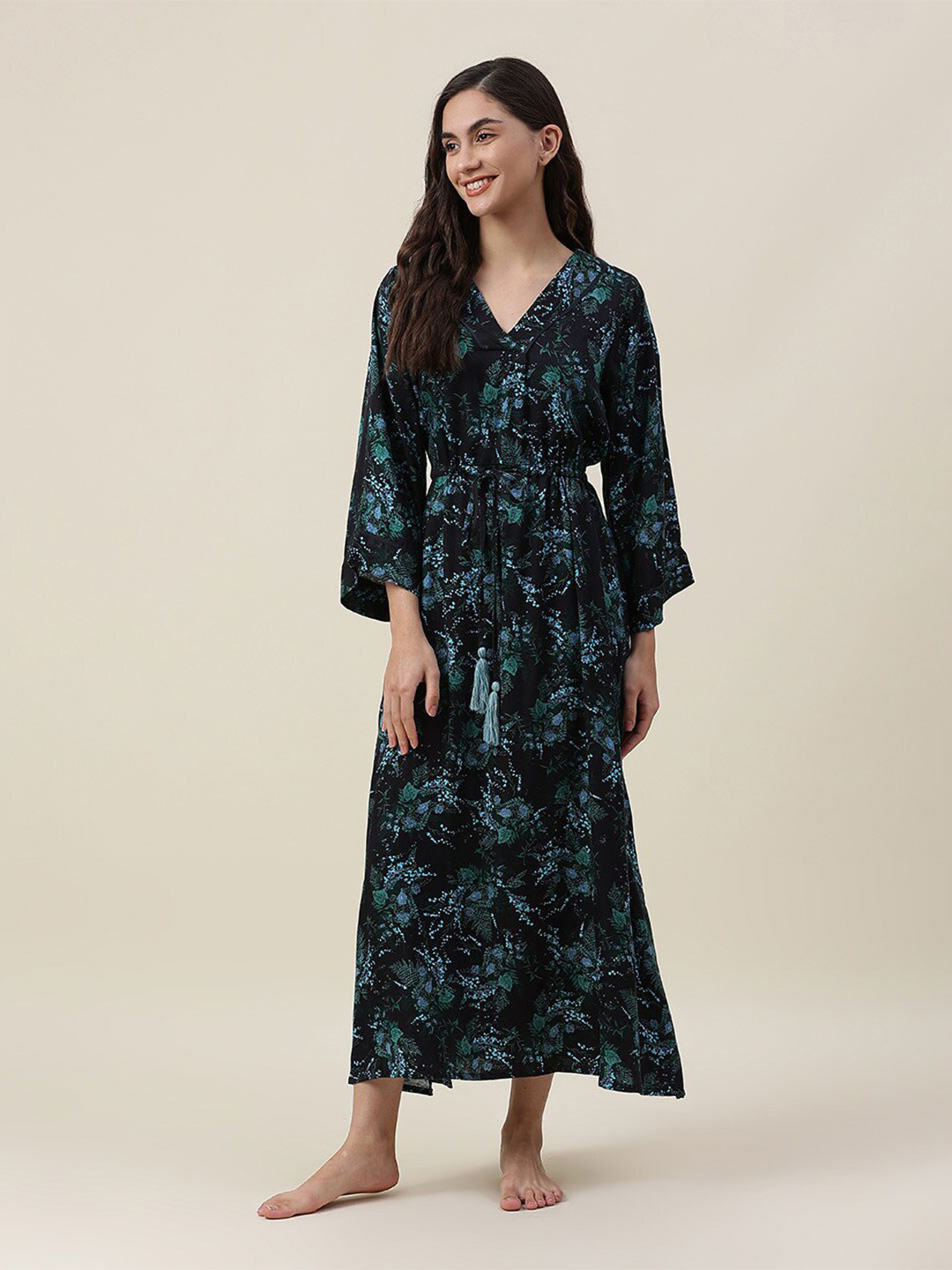 

Fabindia Black Floral Printed A-Line Maxi Dress