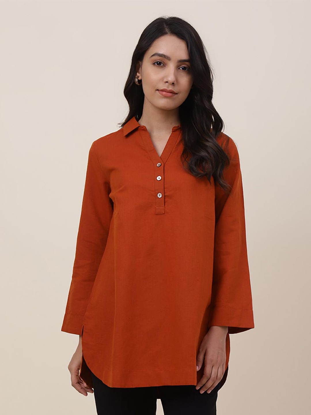 

Fabindia Women Orange Linen Shirt Collar Tunic