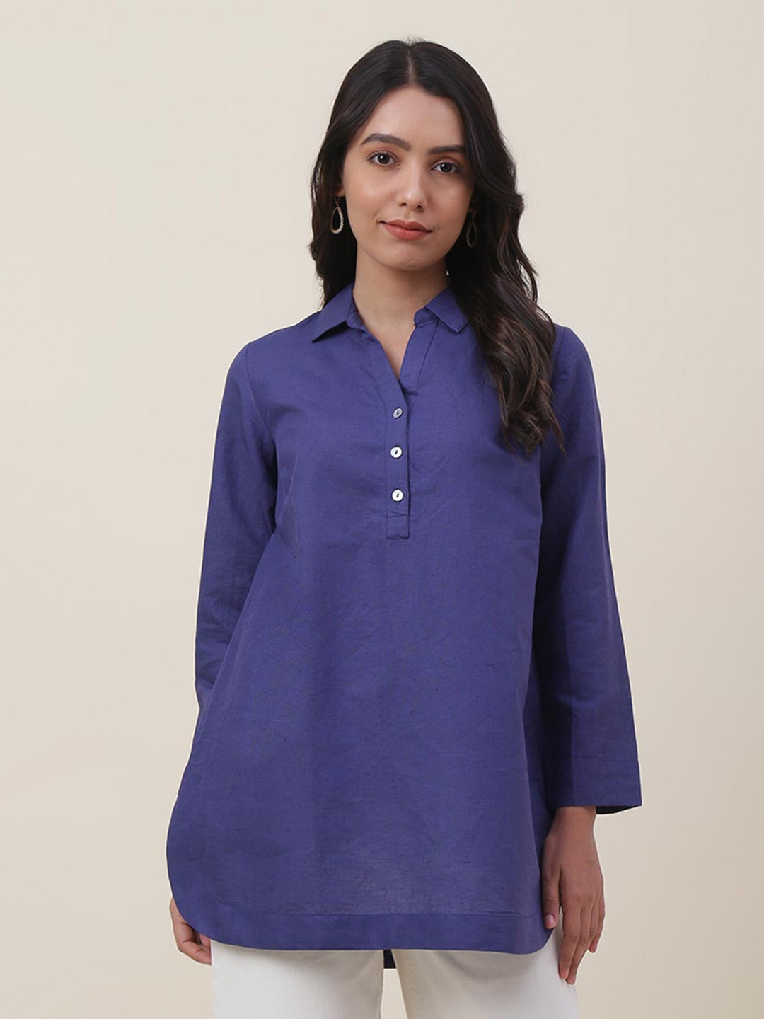 

Fabindia Blue Linen Shirt Collar Indigo Tunic