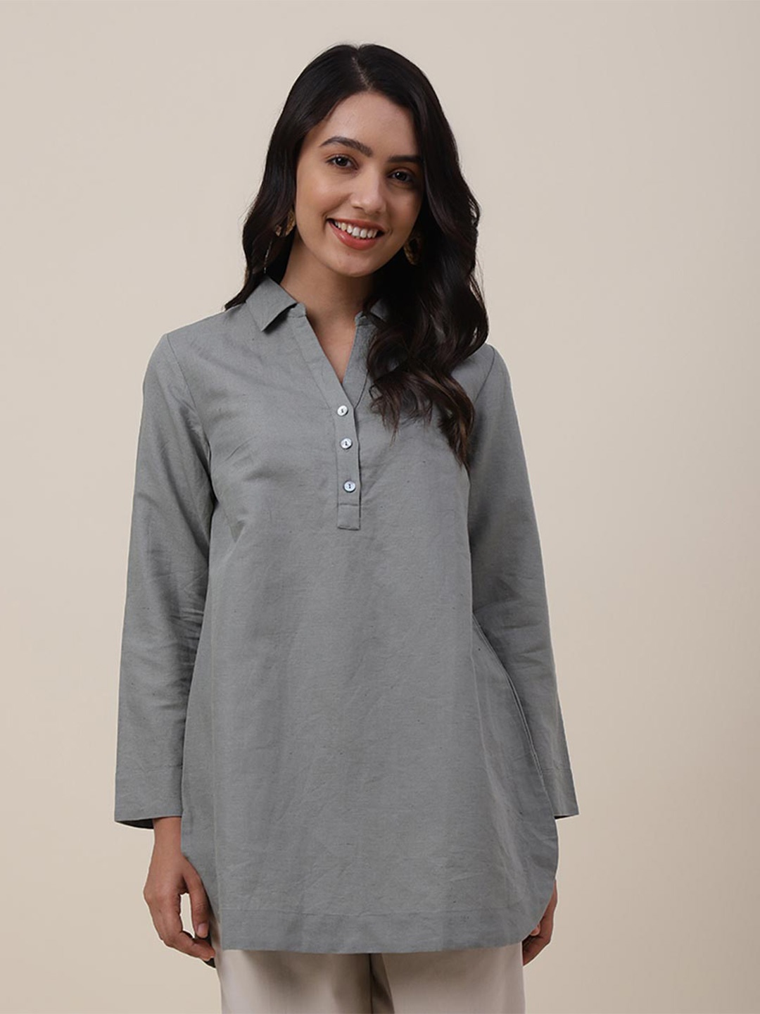 

Fabindia Grey Linen Shirt Collar Tunic