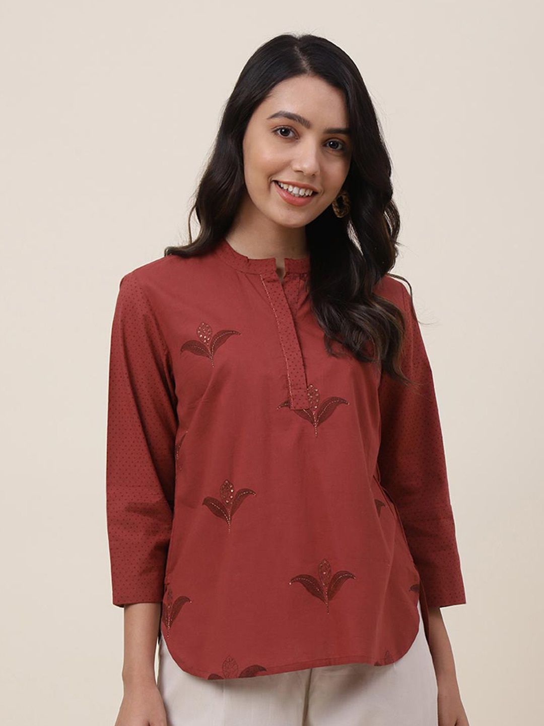 

Fabindia Maroon Floral Print Tie-Up Neck Pure Cotton Top