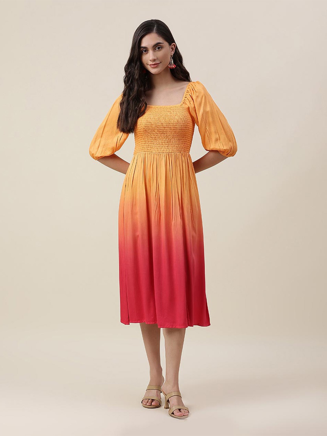 

Fabindia Yellow & Pink Ombre Dyed Midi Dress