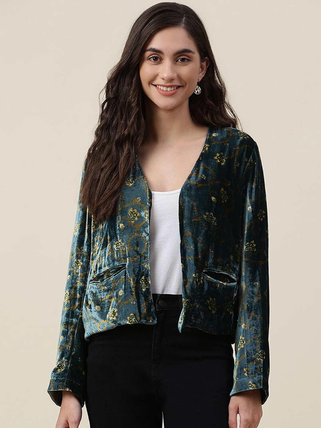 

Fabindia Women Green Floral Crop Tailored Jacket