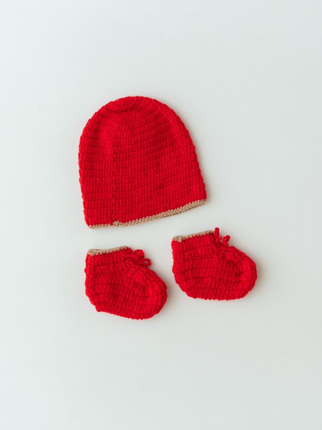 

The Original Knit Kids Red Self Design Acrylic Beanie Cap With Booties
