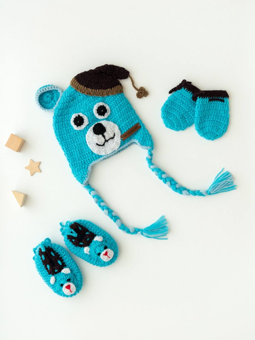 

The Original Knit Kids Blue & White Acrylic Teddy Beanie Cap With Booties & Mittens