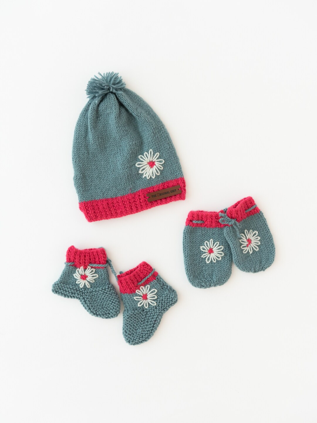 

The Original Knit Kids Grey & Red Self Design Acrylic Beanie Cap With Socks & Mittens