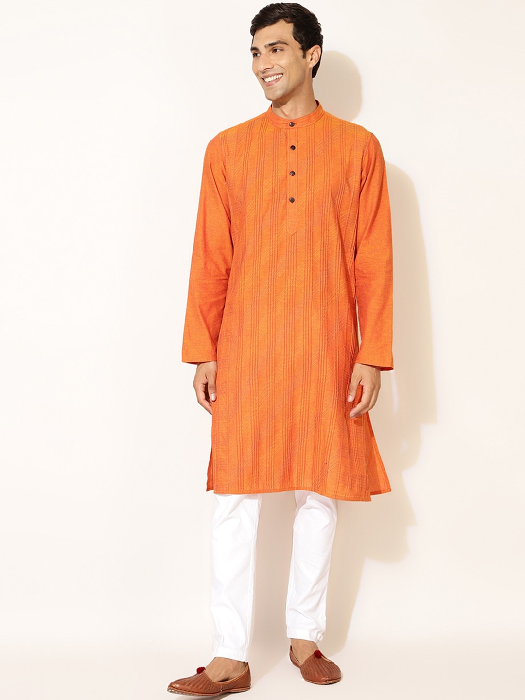 

Fabindia Mandarin Collar Striped Cotton Kurta, Orange