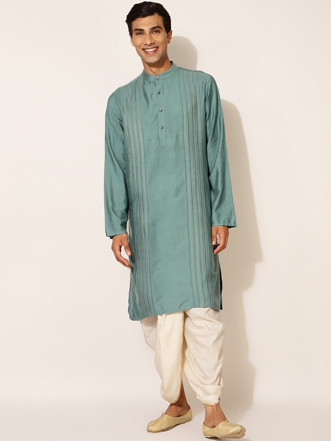 

Fabindia Striped Mandarin Collar Kurta, Green