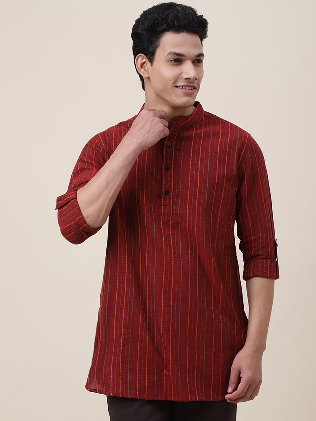 

Fabindia Striped Mandarin Collar Cotton Kurta, Maroon