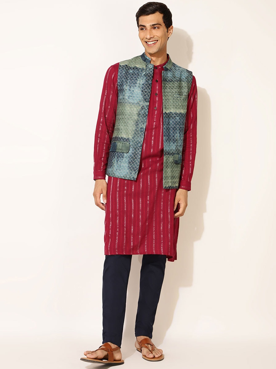 

Fabindia Striped Mandarin Collar Kurta, Red
