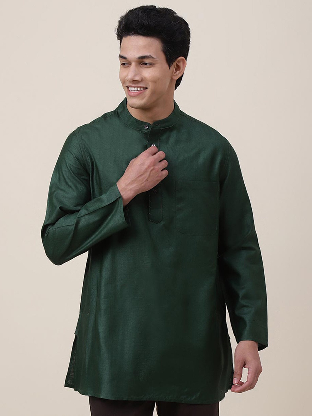 

Fabindia Straight Regular Shirt Collar Silk Kurta, Green