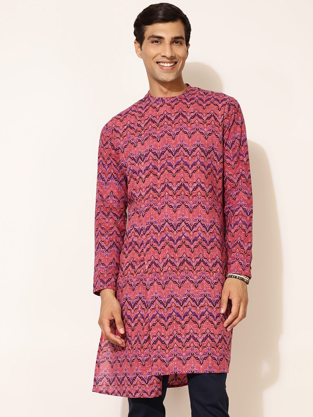 

Fabindia FabBasic Geometric Printed Mandarin Collar Asymmetric Cotton Kurta, Purple