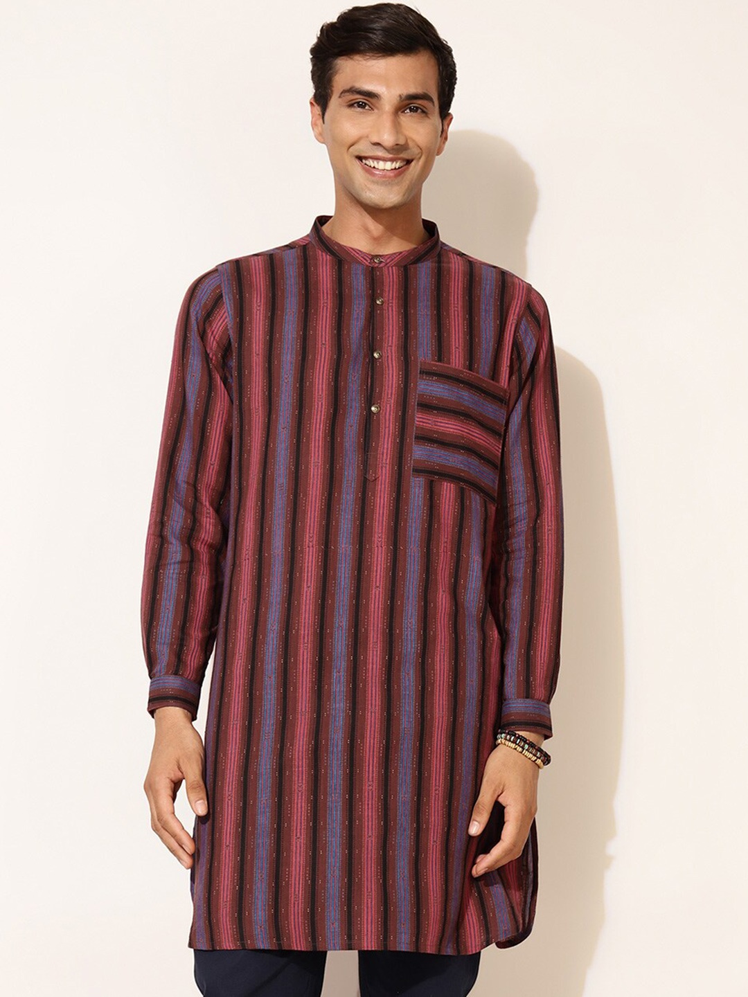 

Fabindia Men Red & Blue Striped Cotton Kurta