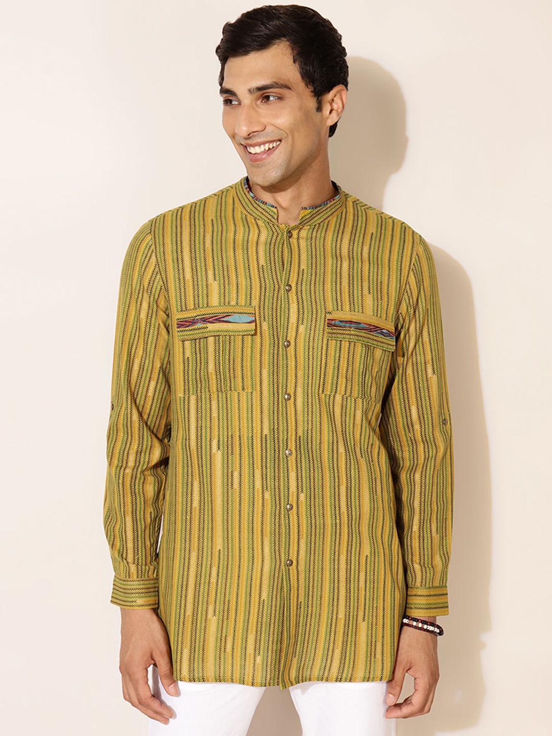 

Fabindia FabBasic Striped Mandarin Collar Straight Pure Cotton Kurta, Yellow