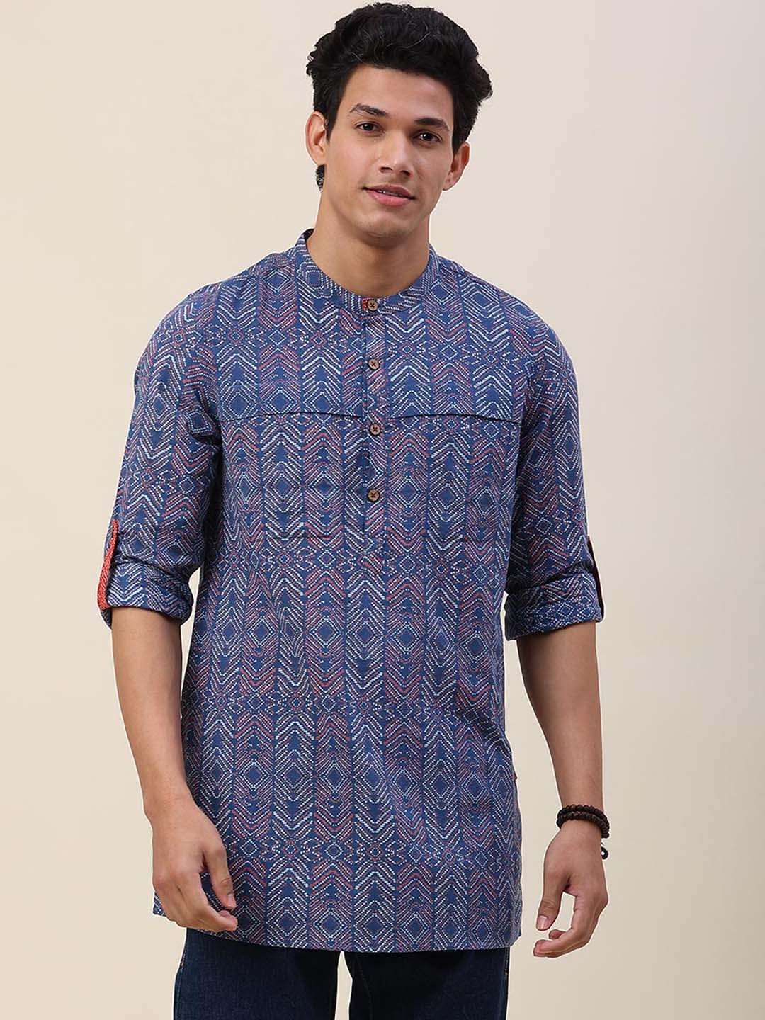 

Fabindia Men Geometric Printed Pure Cotton Kurta, Blue