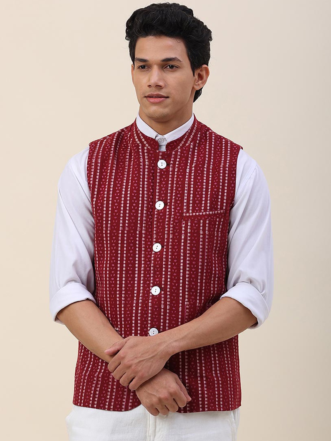 

Fabindia Men Maroon Woven Design Cotton Nehru Jackets