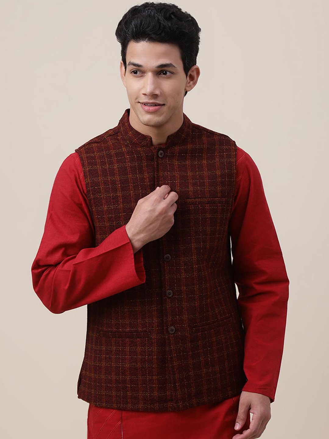 

Fabindia Men Red Checked Wool Nehru Jackets