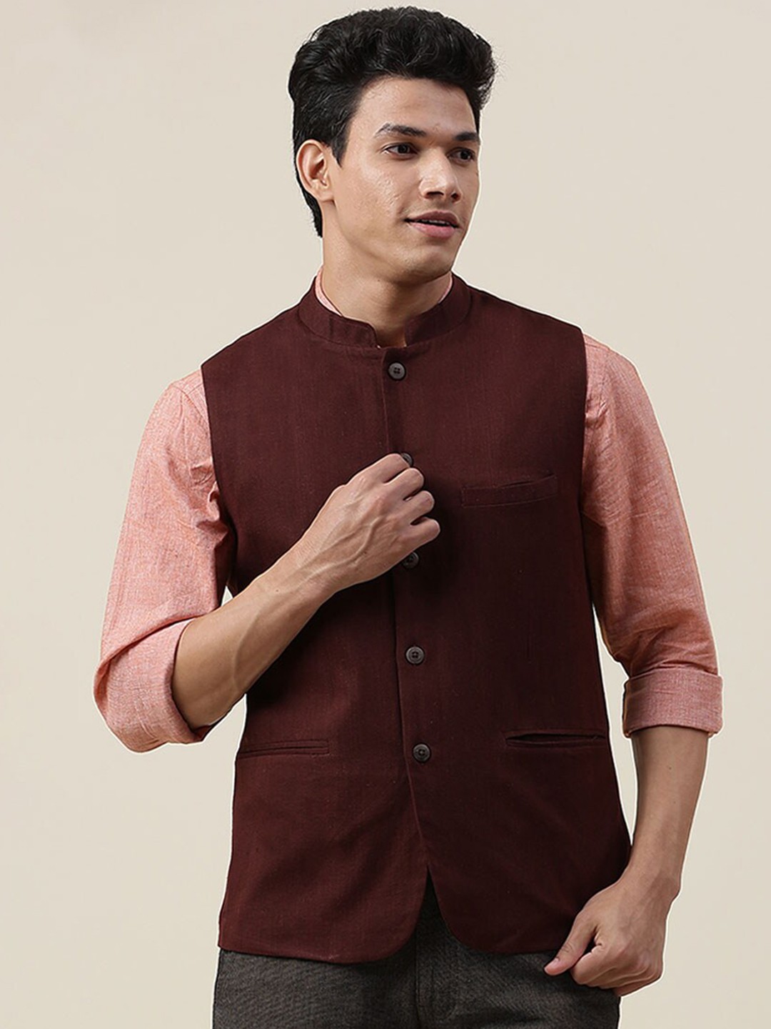 

Fabindia Men Brown Solid Cotton Nehru Jackets
